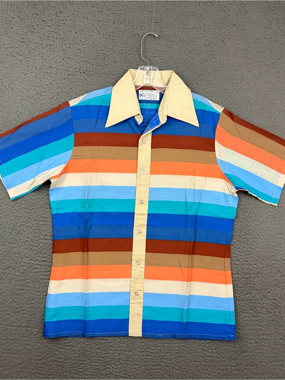 Vintage 70s Retro Multi-Stripe Short Sleeve Shirt - Blue, Orange, Brown